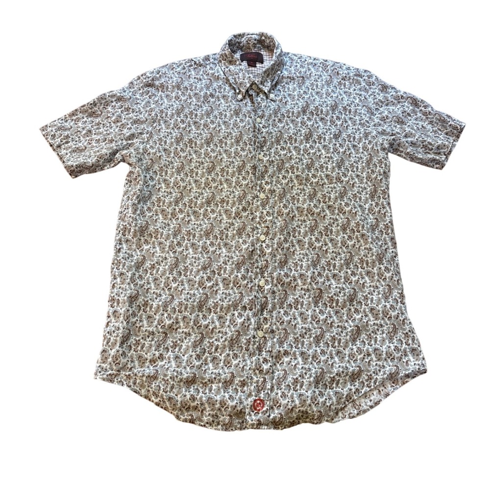 TreVero III Button Down Mens Brown Paisley Linen Excellent Short Sleeve SIZE M